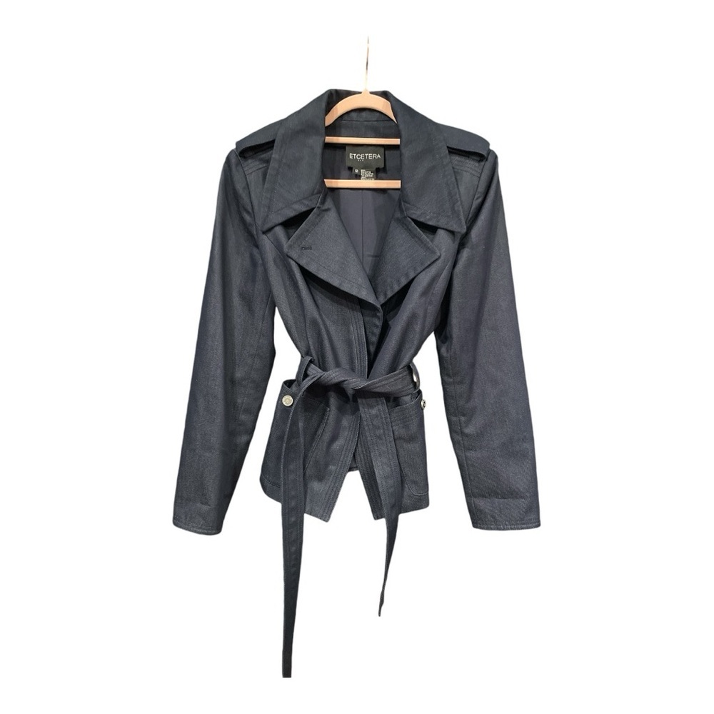 Etcetera Dark Wash Denim Style Wrap Jacket Belted Slight Stretch Size 12 Rack 1